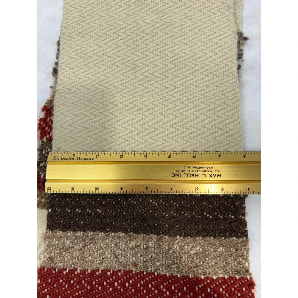 Vintage Handwoven Wool Runner Scarf Stiff Textured Striped Fringe Cream 49in